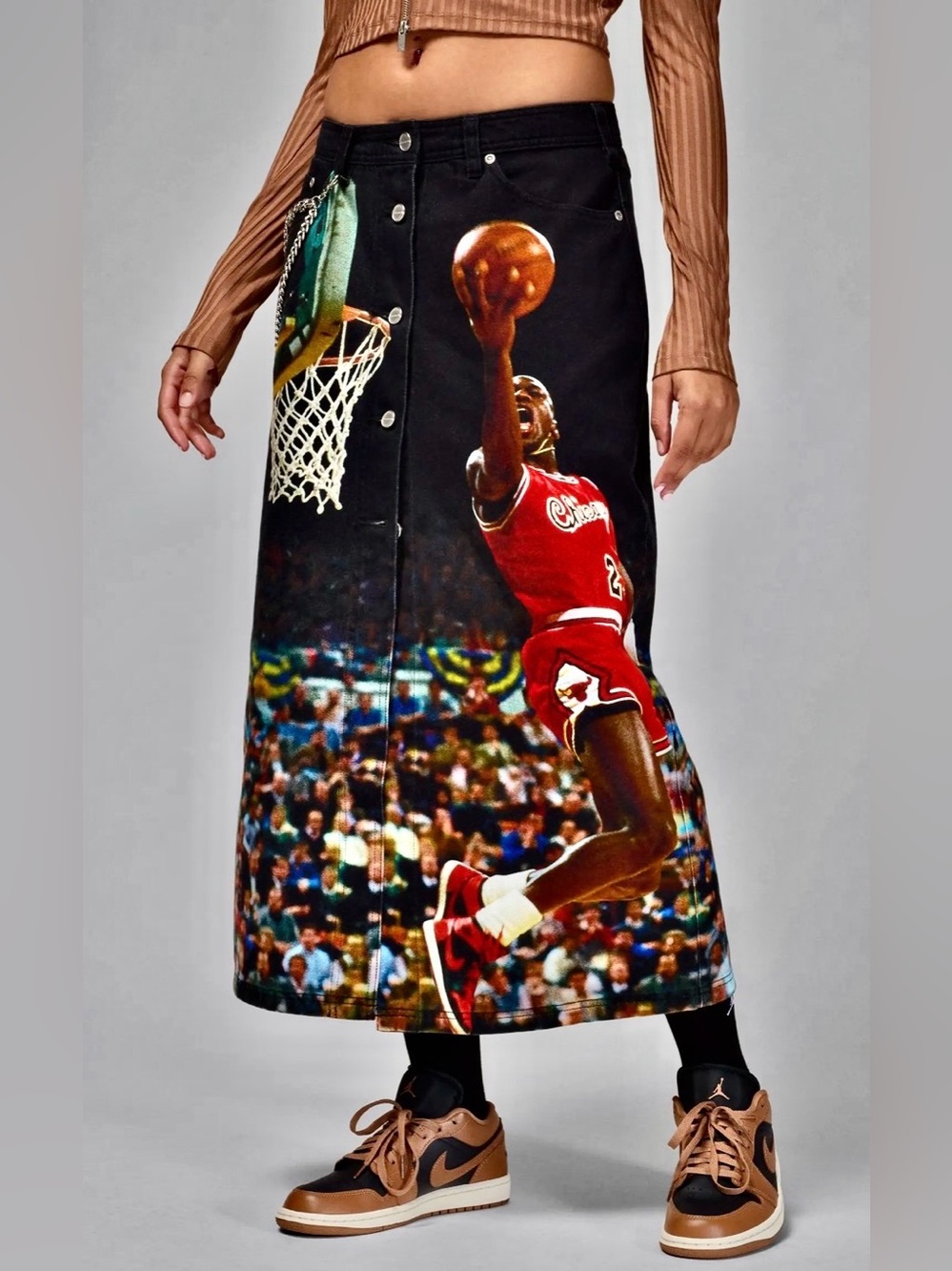 Jordan Black Graphic A-Line Skirt with Red Basketball Print stone washed